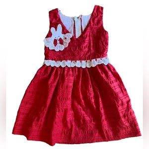 Handmade Girls Bunny Red White Dress Size 4/5 Eyelet Ribbon Bow Adorable